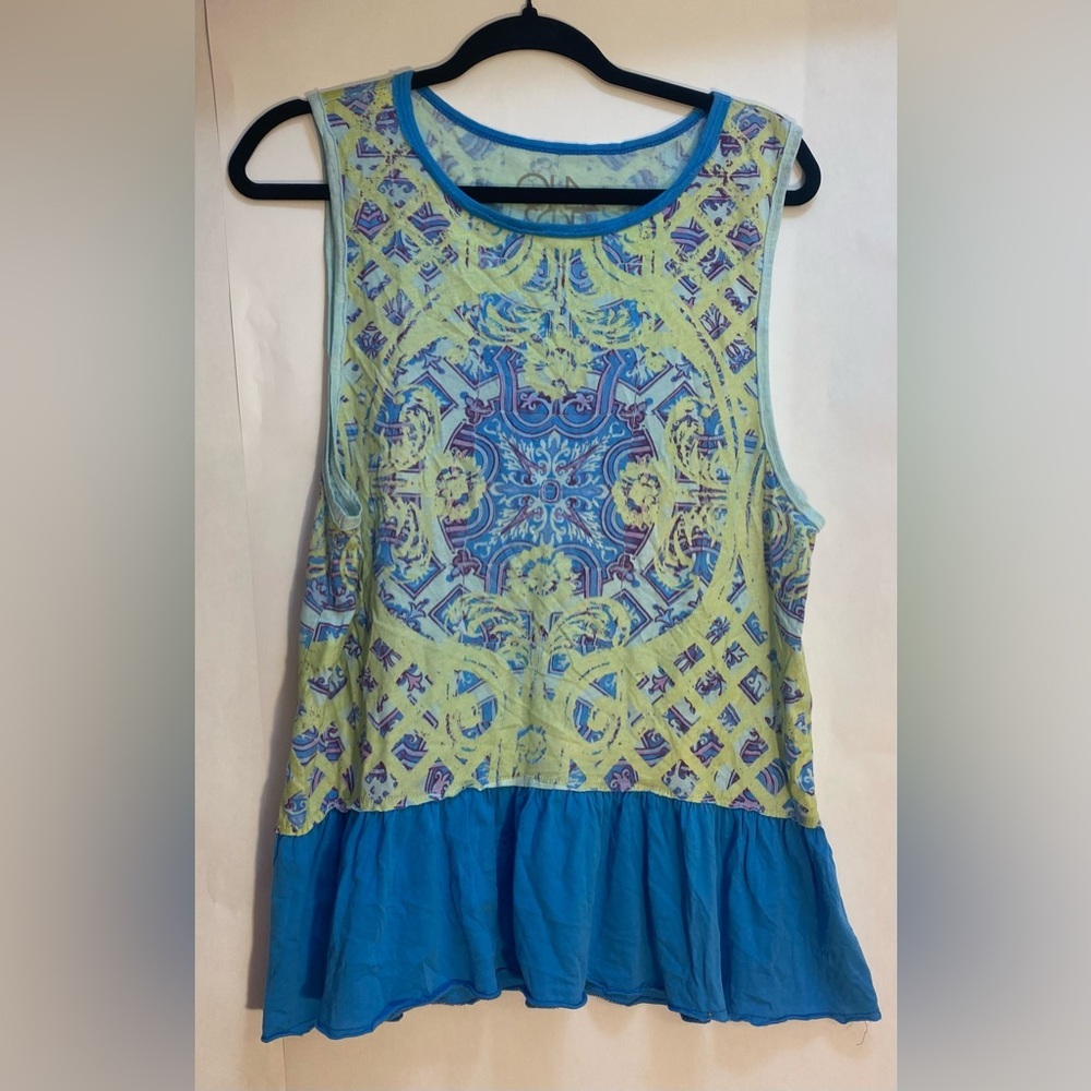Chaser Womens Blue Yellow‎ Medallion Print Peplum Tank Top Size S Made in USA
